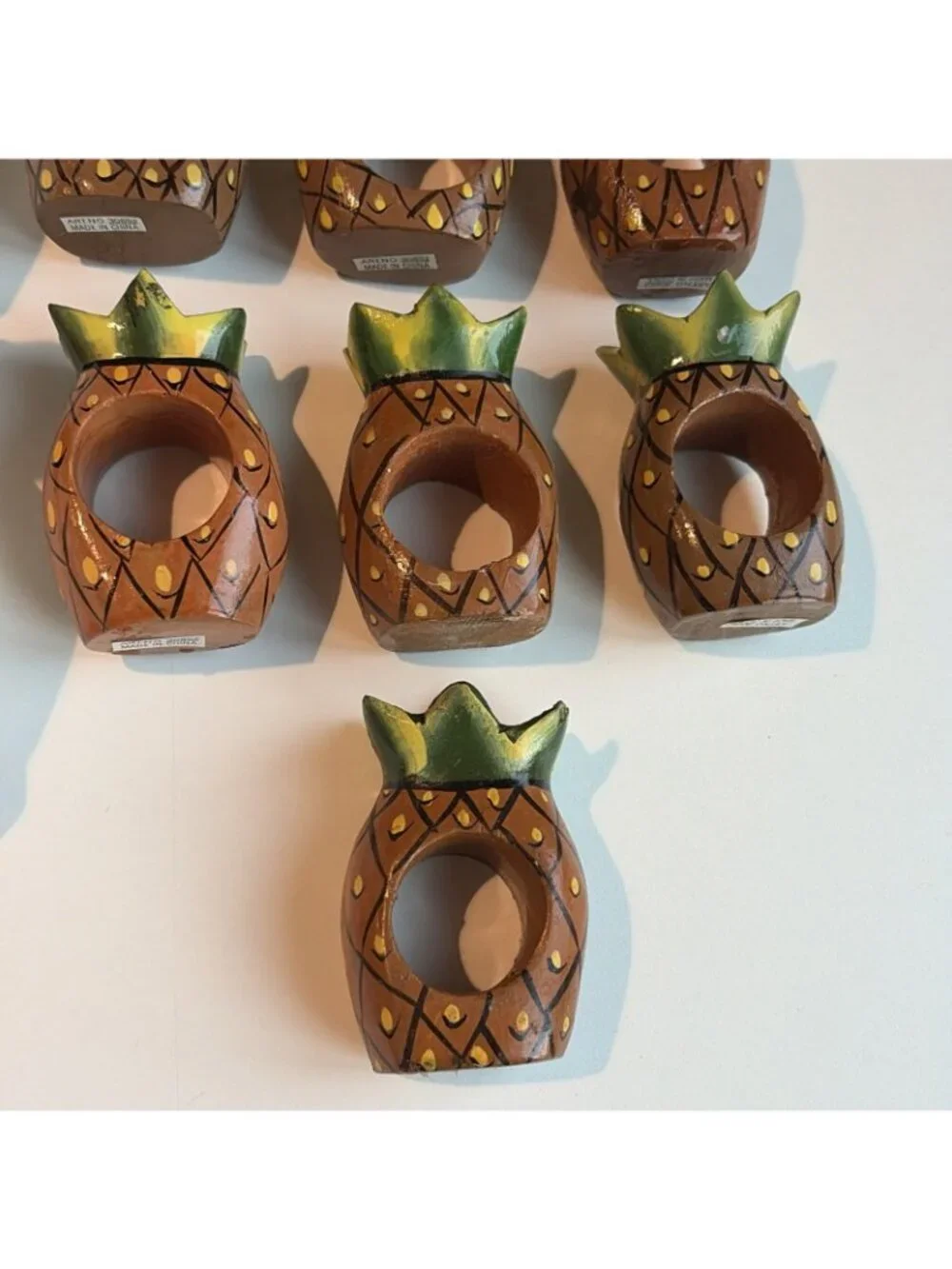 8 Vintage Wooden Painted Pineapple Napkin Rings Table Decor Tiki New England
